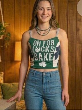 St Patrick’s day Upcycled halter. Tie back. Made from spared tees. Sz s